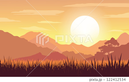 Beautiful Golden Sun at Sunset Sunrise in Mountains Rice Field Nature Landscape 122412534