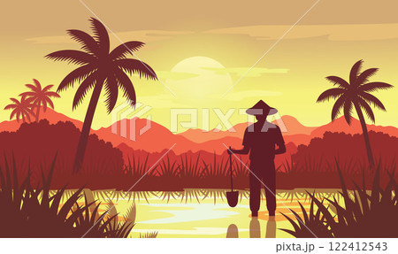 Farmer Silhouette in Mountains Rice Field Landscape with Golden Sun at Sunrise Sunset Farmer Silhouette in Mountains Rice Field Landscape with Golden Sun at Sunrise Sunset 122412543