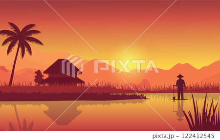 Farmer Silhouette in Mountains Rice Field Landscape with Golden Sun at Sunrise Sunset 122412545