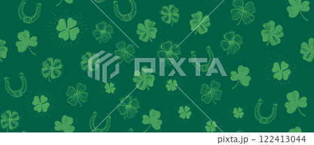 St. Patricks Day, clover pattern on green. Hand drawn illustrations St. Patricks Day, clover pattern on green. Hand drawn illustrations 122413044