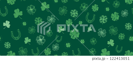 St. Patricks Day, clover pattern on green. Hand drawn illustrations	 122413051