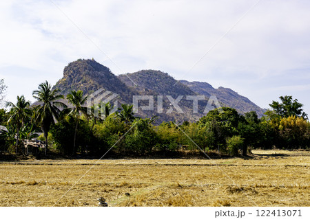 View of dry paddy field after harvesting with farmer house and high mountain. 122413071