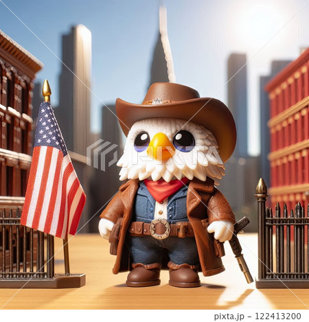 Eagle Sheriff in Cowboy Attire with American Flag in Cityscape Background with Generative AI. 122413200