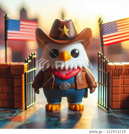 Eagle Sheriff in Cowboy Attire with American Flag in Cityscape Background with Generative AI. 122413218