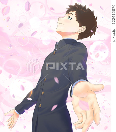 横顔の学生_①A案_男子、桜、背景全部入り 122413870