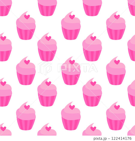 Seamless pattern with Pink Valentine Day Cupcake with heart. Vector flat illustration. 122414176