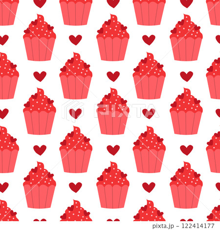 Seamless pattern with Red Valentine Day Cupcake with sprinkles and hearts. Vector flat illustration. Seamless pattern with Red Valentine Day Cupcake with sprinkles and hearts. Vector flat illustration. 122414177