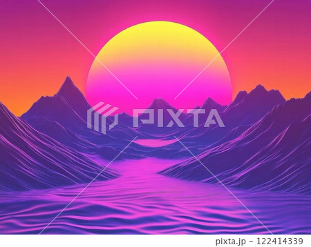 Synthwave Sunset Over Purple Mountains 122414339