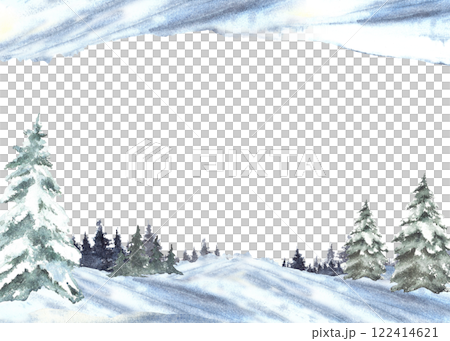 Winter Landscape with snow covered green spruces firs. Snowy Hills, snowdrifts and frosty evergreen forest. Hand drawn watercolor illustration isolated from the background. Template for holiday card.  122414621