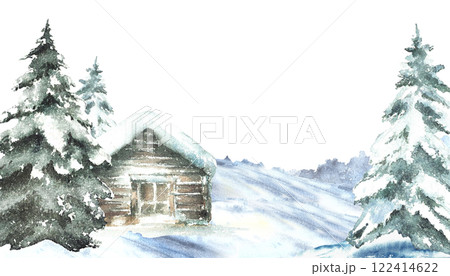 Winter landscape snow covered house with snowy pine tree. Banner with wooden cabin, chalet surrounded by snowdrifts. Watercolor painted illustration isolated from background for holiday card template 122414622