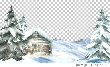 Winter landscape snow covered house with snowy pine tree. Banner with wooden cabin, chalet surrounded by snowdrifts. Watercolor painted illustration isolated from background for holiday card template 122414622