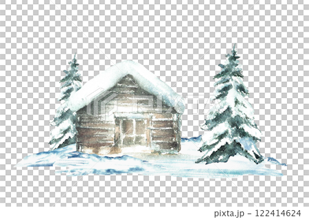 Winter cabin with snowy pine or fir tree Landscape with rustic wooden house, chalet a snow covered roof. Watercolor hand drawn illustration isolated from background for holiday, Christmas card, poster 122414624