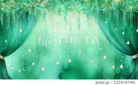 水彩画、緑色のカーテンとキラキラした装飾の背景 水彩画、緑色のカーテンとキラキラした装飾の背景 122414749