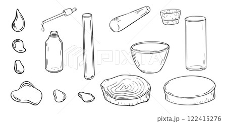 Set of glass flasks transparent, dropper bottle black white vector illustration on white. Stone mortar and pestle, wooden stand hand drawn linear sketch. Assorted drops and lab beakers for design. 122415276
