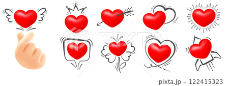 Set of 3D Hearts With Hand Drawn Creative Elements Set of 3D Hearts With Hand Drawn Creative Elements 122415323