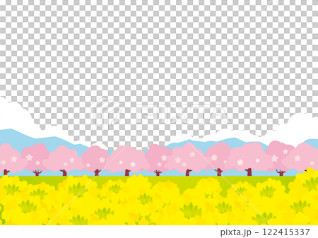 桜並木と菜の花畑の春っぽい背景イラスト 122415337