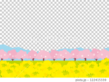 Spring-like background illustration of cherry blossom trees and rapeseed fields on white background 122415339