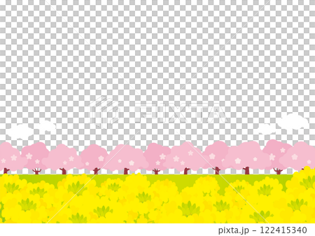Spring-like background illustration of cherry blossom trees and rapeseed fields 122415340