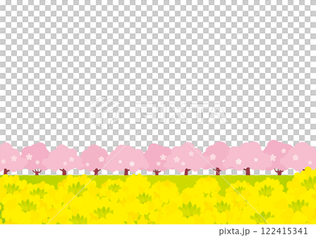 Spring-like background illustration of cherry blossom trees and rapeseed fields 122415341
