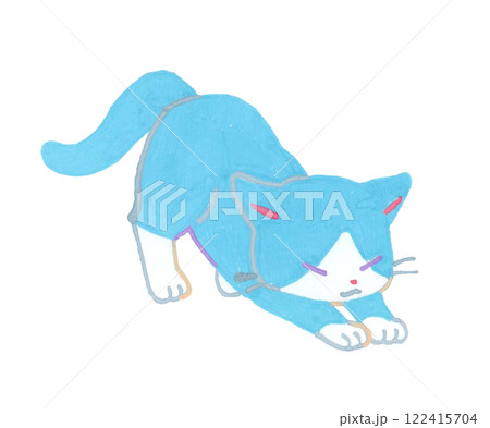 伸びをするハチワレ猫（パステルカラー）　かわいい動物の手描きイラスト素材 122415704