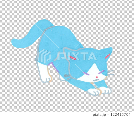 伸びをするハチワレ猫（パステルカラー）　かわいい動物の手描きイラスト素材 122415704