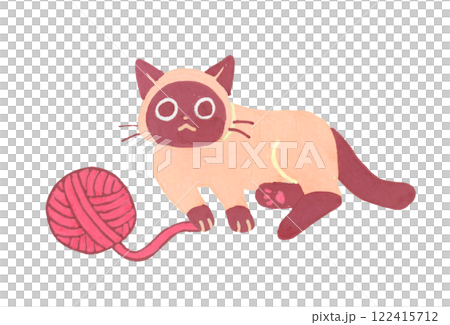 暹羅貓躺著抓紗線 — 手繪插畫的可愛動物 122415712