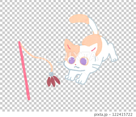 小貓玩貓羽毛（柔和的色彩）可愛的動物手繪插畫素材 122415722