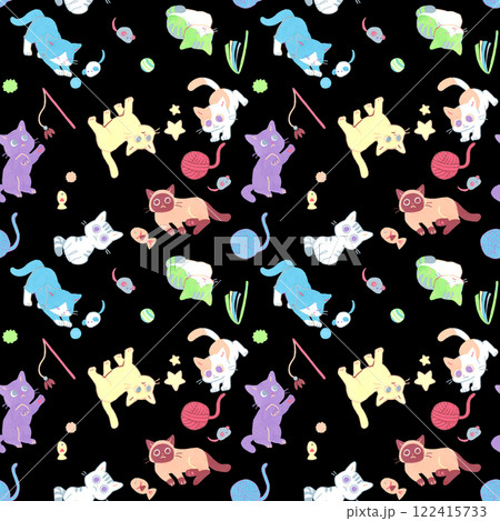 パステルカラーの猫のシームレスパターン　手描きイラストの動物柄 122415733