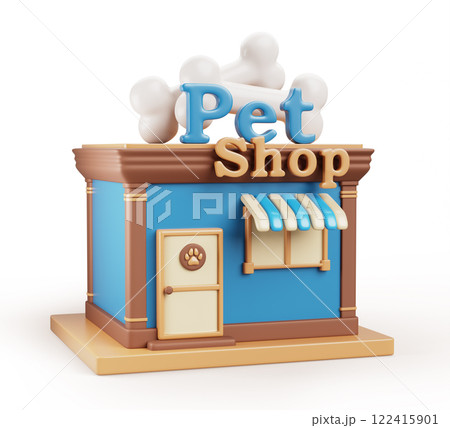 Pet shop building exterior cartoon 3d render icon. Cute small domestic animal store with entrance door, window, canopy, signboard with bones isolated. Dog and cat zoo market facade. 3D illustration 122415901