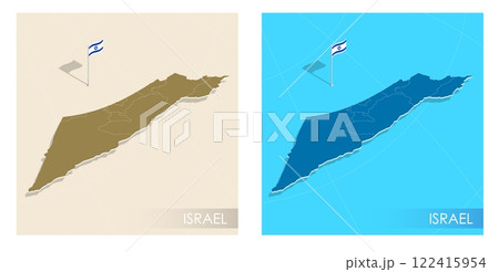 Israel country flag installed on geographic positioning map point of country territory. Israeli commonwealth banner on land and sea. Festive patriotic HD format template for independence day Israel country flag installed on geographic positioning map point of country territory. Israeli commonwealth banner on land and sea. Festive patriotic HD format template for independence day 122415954
