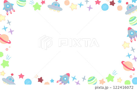 パステルカラーの宇宙モチーフのフレーム　かわいい手描きイラスト背景素材 122416072