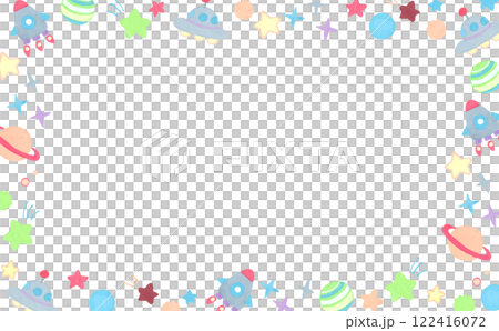 パステルカラーの宇宙モチーフのフレーム　かわいい手描きイラスト背景素材 122416072