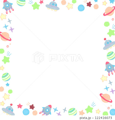 パステルカラーの宇宙モチーフのフレーム　かわいい手描きイラスト背景素材 122416073
