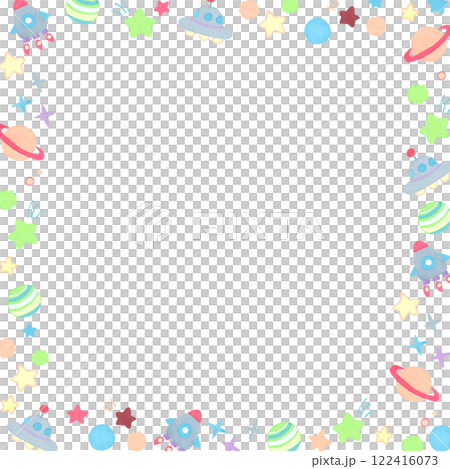 パステルカラーの宇宙モチーフのフレーム　かわいい手描きイラスト背景素材 122416073