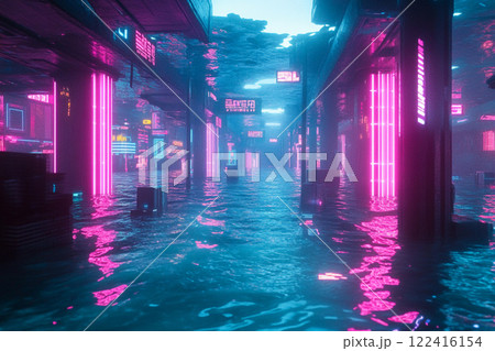 Futuristic cityscape at night with neon lights and flooded streets under a moody, rainy sky 122416154