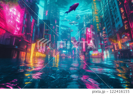Futuristic cityscape at night with neon lights and flooded streets under a moody, rainy sky 122416155