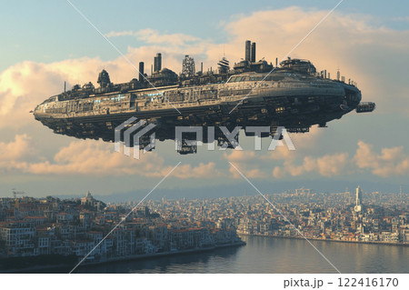 Floating industrial city above a modern skyline during golden hour 122416170