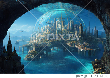 Underwater city with stunning architecture and marine life in a serene ocean setting 122416190
