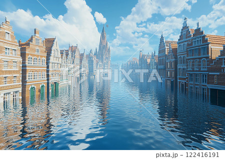 Flooded urban landscape depicts streets submerged in water with historic buildings in view near the city center during daylight Flooded urban landscape depicts streets submerged in water with historic buildings in view near the city center during daylight 122416191