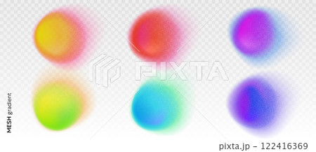 Set of soft blurry circle shaped gradients. Colorful fluid paint, spots, blobs, color gradations with soft noise, grainy texture. Abstract isolated creative design elements for posters, print, web etc 122416369