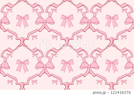 Seamless checkered pattern with ribbon bows. Cute coquette style wallpaper, vintage elegant hand drawn background in pastel colors. Decoration for wedding, Valentine's day, print, gifts, packaging. 122416378
