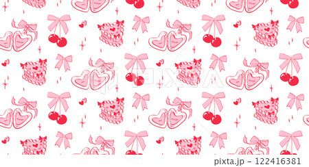 Seamless hand drawn pattern in coquette style. Cherries tied in pink bows, small hearts, stars, cake, heart locket with "mi amor" phrase. Vintage aesthetic wallpaper, cute girly romantic background. Seamless hand drawn pattern in coquette style. Cherries tied in pink bows, small hearts, stars, cake, heart locket with "mi amor" phrase. Vintage aesthetic wallpaper, cute girly romantic background. 122416381
