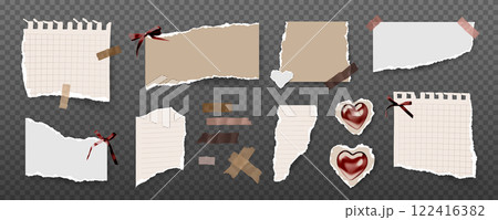 Set of isolated torn paper pieces with ripped edges, notepad sheets, tape strips, heart stickers, halftone ribbons and decorative tapes. Collection for retro collages, vintage designs, scrapbooking.	 122416382