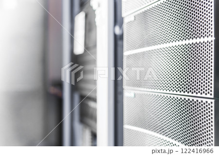 detail of rack with data backup hard drives covered with protect 122416966