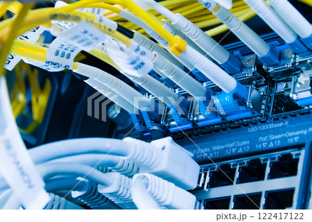 Server with patch and fiber optic cables plugged in ethernet por Server with patch and fiber optic cables plugged in ethernet por 122417122