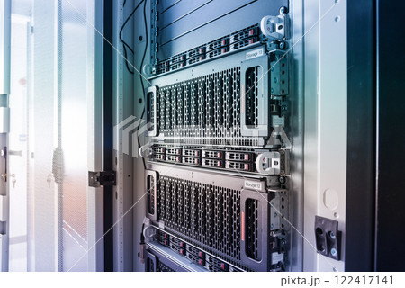 Array of data storage hard drives in internet data center 122417141