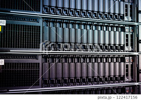 cluster of data storage SSD hard drives inside server rack 122417156