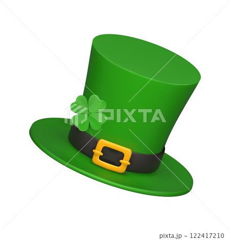 3d realistic green leprechaun top hat with a gold buckle and four-leaf clover. St. Patrick's Day decorative element. Vector realistic illustration Isolated on white background 122417210