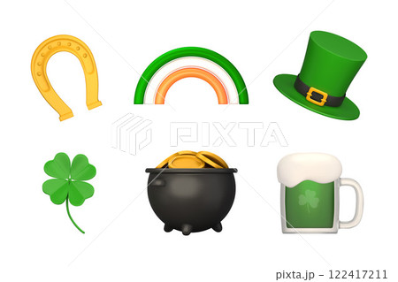 St. Patrick s Day decorative elements. Good luck symbols in 3d realistic style. Clover, pot of money, leprechaun hat, beer, horseshoe, rainbow. Vector illustration. 122417211