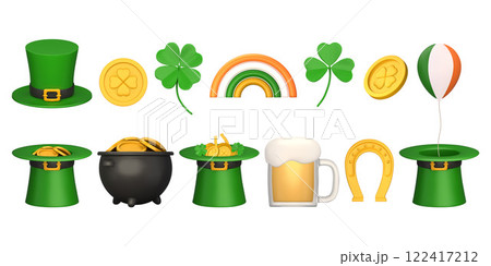 Set of elements for st patrick's day in 3d realistic style. Symbols of good luck - clover, leprechaun hat, golden coins, pot of money, Quatrefoil, horseshoe. Vector illustration. 122417212